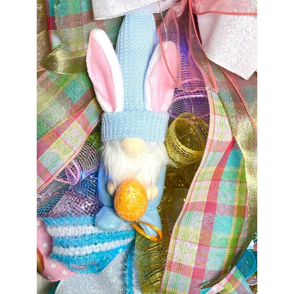 Handmade Easter Bunny Gnome Prelit Ribbon Wreath 22 in LED W10